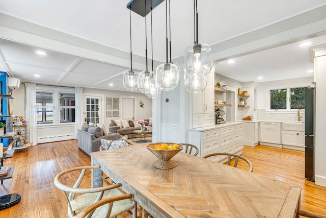 271 Foster Ave, Sayville, NY 11782 - dining room with a baseboard heating unit, light wood finished floors, recessed lighting, beam ceiling, and coffered ceiling