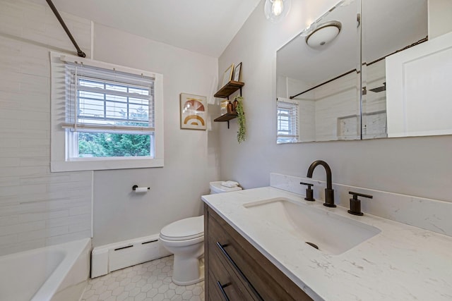 271 Foster Ave, Sayville, NY 11782 - full bath featuring a baseboard heating unit, plenty of natural light, vanity, and tile patterned floors