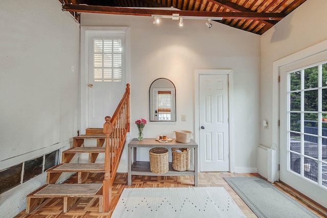 271 Foster Ave, Sayville, NY 11782 - stairway with track lighting and wood ceiling