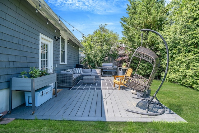 271 Foster Ave, Sayville, NY 11782 - wooden deck featuring an outdoor hangout area, a lawn, and area for grilling