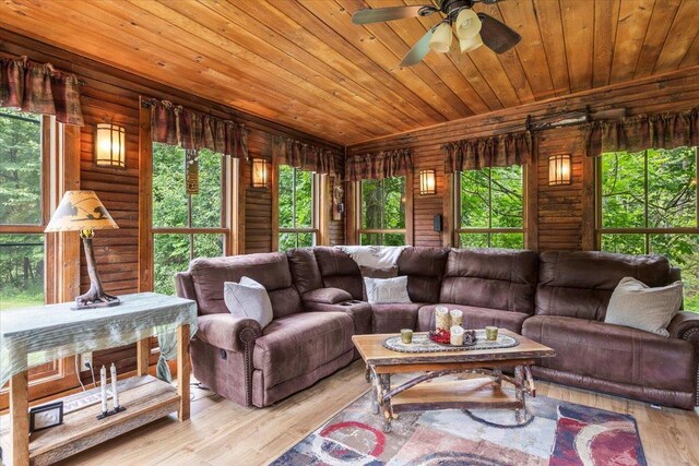 61 Travis Blvd, Catskill, NY 12414 - living area featuring wood ceiling, hardwood / wood-style floors, and ceiling fan