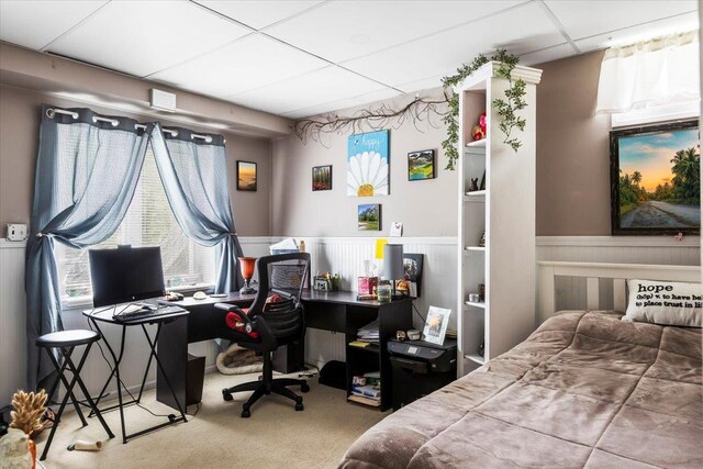 61 Travis Blvd, Catskill, NY 12414 - bedroom with a paneled ceiling, a wainscoted wall, a desk, and carpet