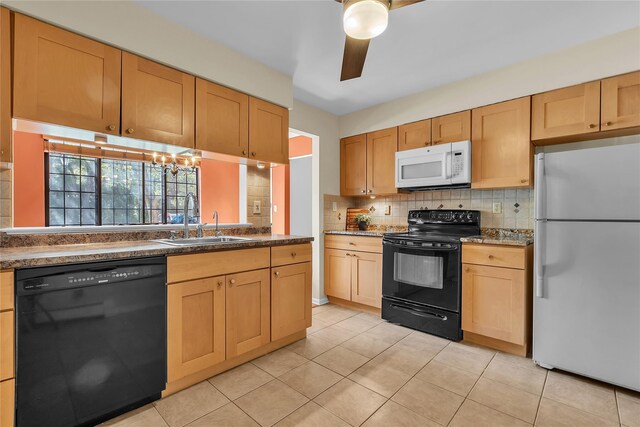 9 Foxwood Dr Unit 4, Pleasantville, NY 10570 - kitchen featuring black appliances, tasteful backsplash, light tile patterned flooring, ceiling fan, and light brown cabinets