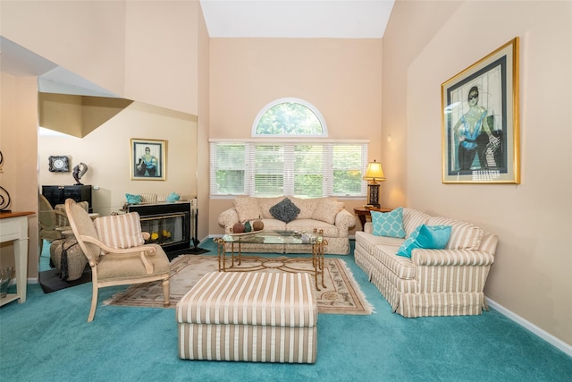 17 Jared Dr, White Plains, NY 10605 - carpeted living area featuring a high ceiling and a fireplace