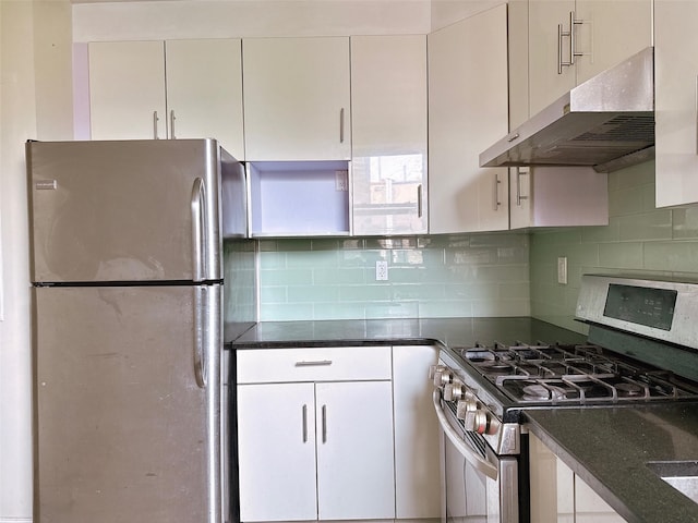 132-30 Sanford Ave Unit 3D, Flushing, NY 11355 - kitchen featuring appliances with stainless steel finishes, under cabinet range hood, decorative backsplash, and white cabinets