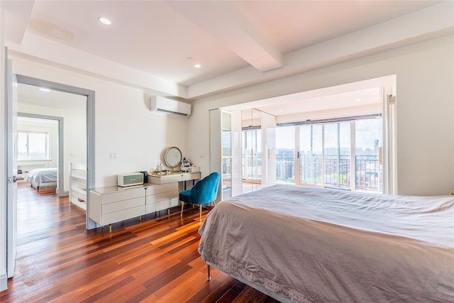 4318 Main St Unit 12A, Flushing, NY 11355 - bedroom featuring a wall mounted AC, wood finished floors, access to outside, beam ceiling, and recessed lighting