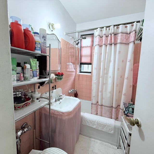 83-15 98th St Unit 3K, Woodhaven, NY 11421 - bathroom featuring shower / bath combo, vanity, and tile walls