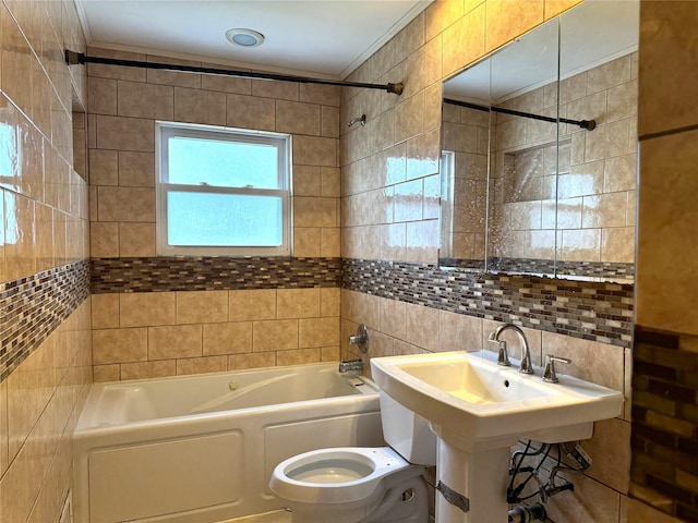 22 Kennedy Dr, Centereach, NY 11720 - bathroom with tile walls, bathing tub / shower combination, and crown molding