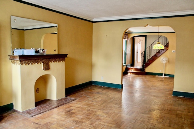 30-12 84th St, East Elmhurst, NY 11370 - unfurnished living room with arched walkways, ornamental molding, and stairway