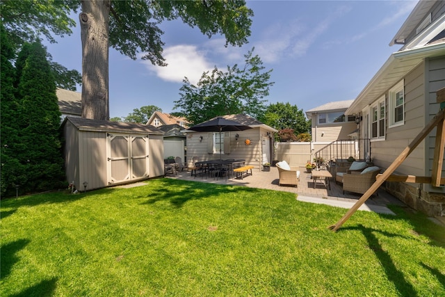 58 Hillside Ave, New Rochelle, NY 10801 - view of yard featuring a patio area, a storage shed, and an outdoor hangout area