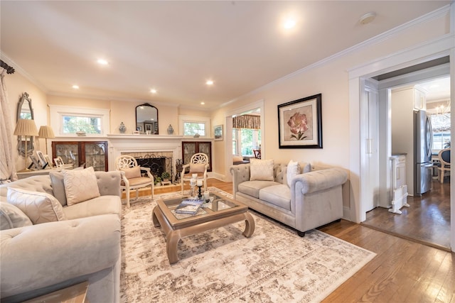 58 Hillside Ave, New Rochelle, NY 10801 - living room featuring crown molding, dark wood-style floors, a fireplace with raised hearth, and recessed lighting