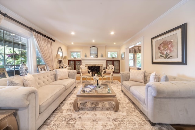 58 Hillside Ave, New Rochelle, NY 10801 - living area featuring crown molding, a fireplace, recessed lighting, and wood finished floors