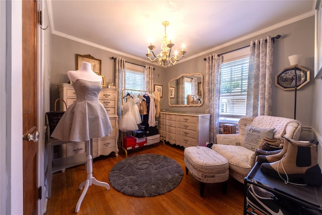 58 Hillside Ave, New Rochelle, NY 10801 - bedroom featuring a chandelier, multiple windows, ornamental molding, and hardwood / wood-style flooring