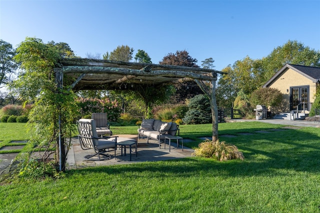 174 Sunset Trl, Clinton Corners, NY 12514 - view of grassy yard with an outdoor hangout area, a patio, french doors, and a pergola