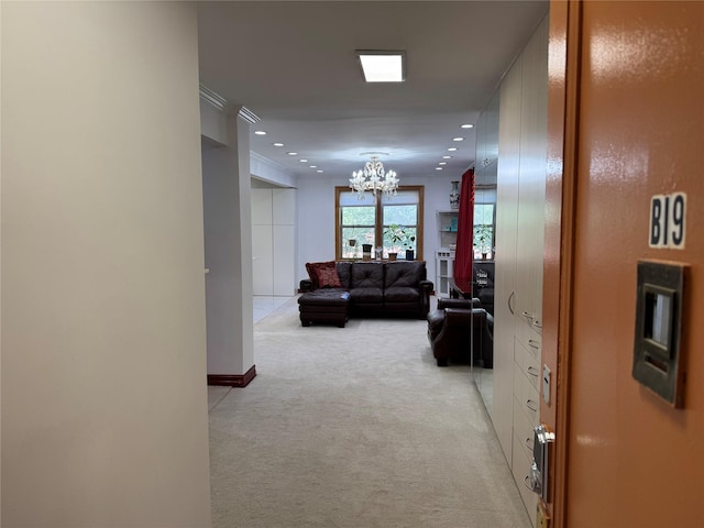 6360 102nd St Unit B19, Rego Park, NY 11374 - corridor with light colored carpet, a chandelier, and recessed lighting