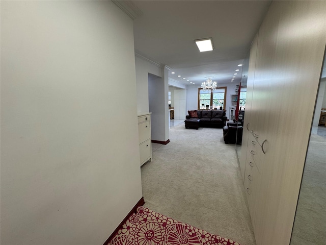 6360 102nd St Unit B19, Rego Park, NY 11374 - hallway with a chandelier, light carpet, crown molding, and recessed lighting