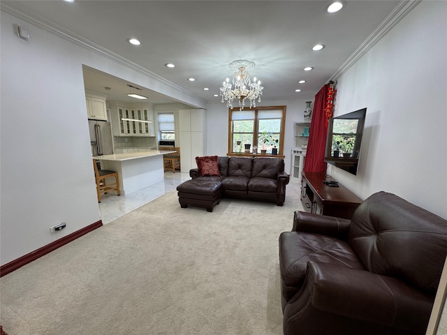 6360 102nd St Unit B19, Rego Park, NY 11374 - living room with ornamental molding, recessed lighting, a chandelier, and light carpet