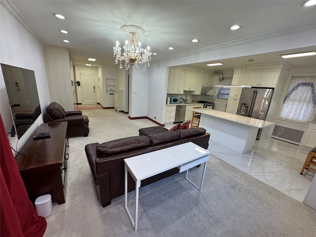 6360 102nd St Unit B19, Rego Park, NY 11374 - living area featuring crown molding, recessed lighting, a chandelier, and light marble finish floors