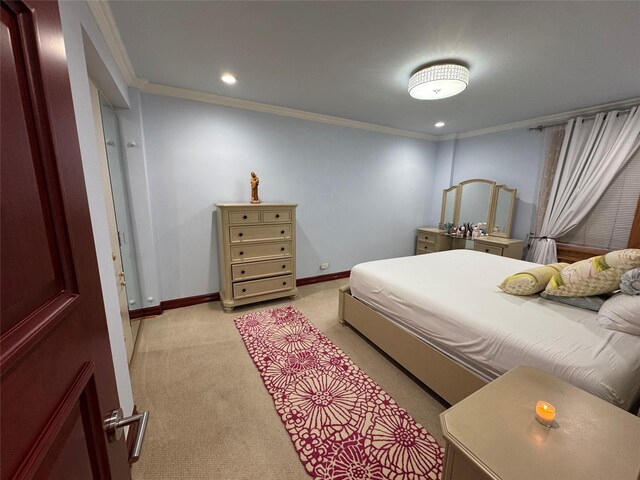 6360 102nd St Unit B19, Rego Park, NY 11374 - bedroom featuring light colored carpet, ornamental molding, and recessed lighting