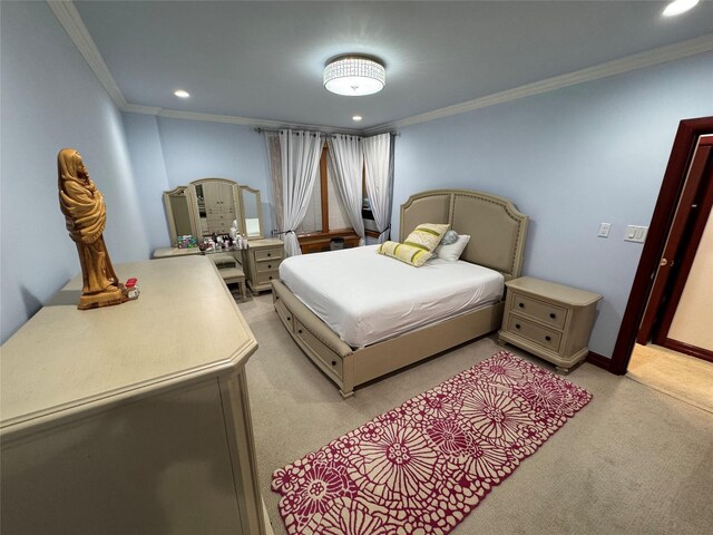 6360 102nd St Unit B19, Rego Park, NY 11374 - bedroom featuring light colored carpet, ornamental molding, and recessed lighting