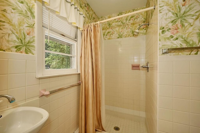 152 Bart Dr, Poughkeepsie, NY 12603 - full bath featuring a stall shower, tile walls, and wallpapered walls