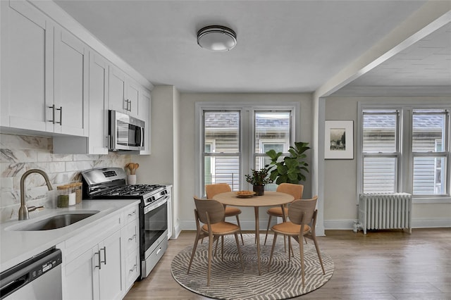 58-60 78th Ave, Glendale, NY 11385 - kitchen featuring stainless steel appliances, radiator, healthy amount of natural light, and decorative backsplash