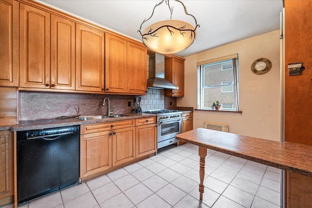 162-41 Powells Cove Blvd Unit 4D, Beechhurst, NY 11357 - kitchen with black dishwasher, high end stove, wall chimney exhaust hood, tasteful backsplash, and light tile patterned floors