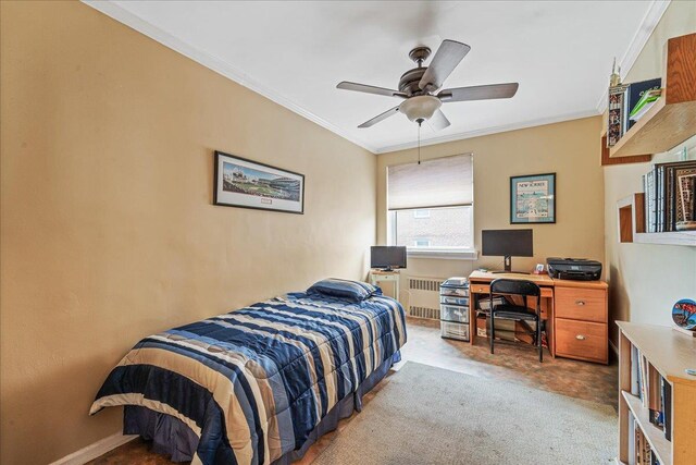 162-41 Powells Cove Blvd Unit 4D, Beechhurst, NY 11357 - bedroom featuring radiator, carpet flooring, ornamental molding, an office area, and ceiling fan