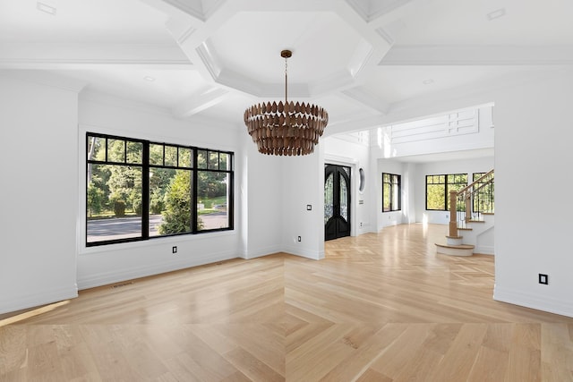 26 Saint Andrews Ct, Old Westbury, NY 11568 - unfurnished room with coffered ceiling, a chandelier, stairway, and beam ceiling