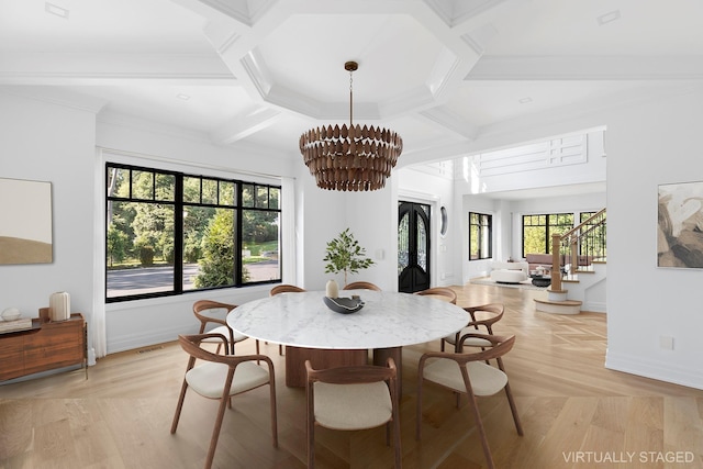 26 Saint Andrews Ct, Old Westbury, NY 11568 - dining space featuring coffered ceiling, stairway, a chandelier, and beam ceiling