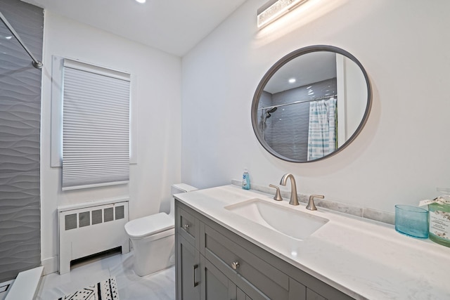 5 Pickett Ct, Malverne, NY 11565 - bathroom with radiator, vanity, a shower with shower curtain, and recessed lighting