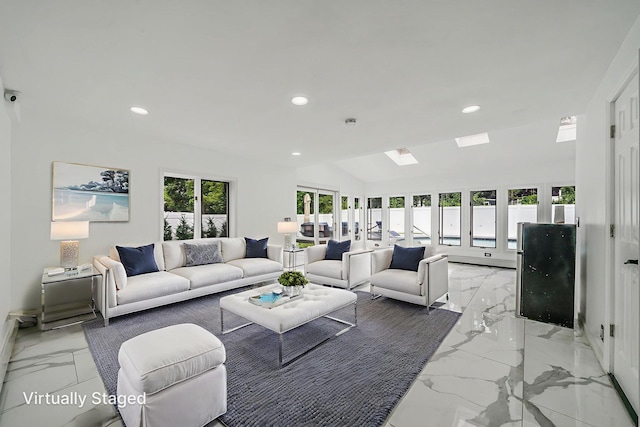 5 Pickett Ct, Malverne, NY 11565 - living area featuring light marble finish floors, recessed lighting, a skylight, french doors, and lofted ceiling