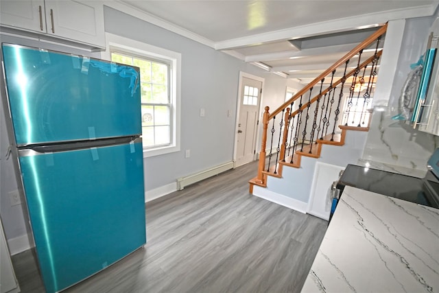67 Maplewood Dr, Westbury, NY 11590 - kitchen featuring freestanding refrigerator, baseboard heating, wood finished floors, beamed ceiling, and white range with electric stovetop