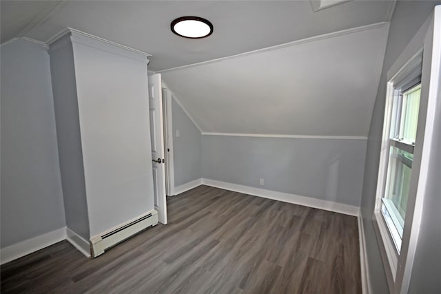 67 Maplewood Dr, Westbury, NY 11590 - bonus room featuring a baseboard radiator, vaulted ceiling, and dark wood-style floors