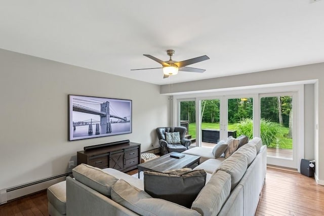 11065 Old Sound Ave, Mattituck, NY 11952 - living room featuring a baseboard radiator, a ceiling fan, and hardwood / wood-style floors