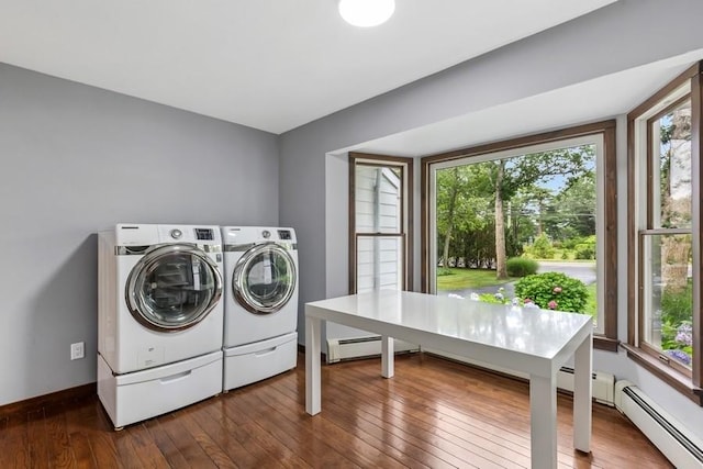 11065 Old Sound Ave, Mattituck, NY 11952 - washroom with washing machine and clothes dryer, dark wood-style flooring, and baseboard heating
