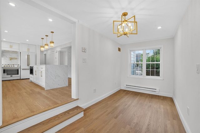 15 Benedict Ave, Eastchester, NY 10709 - empty room featuring a baseboard heating unit, light wood finished floors, a chandelier, ornamental molding, and recessed lighting