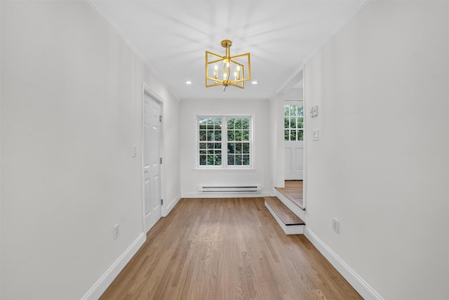 15 Benedict Ave, Eastchester, NY 10709 - foyer with baseboard heating, a chandelier, crown molding, wood finished floors, and recessed lighting