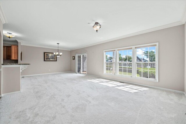 13 Nicole Ct, Copiague, NY 11726 - unfurnished living room with a chandelier, crown molding, and light colored carpet