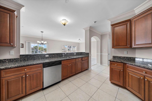 13 Nicole Ct, Copiague, NY 11726 - kitchen featuring stainless steel dishwasher, ornamental molding, arched walkways, a chandelier, and light tile patterned floors