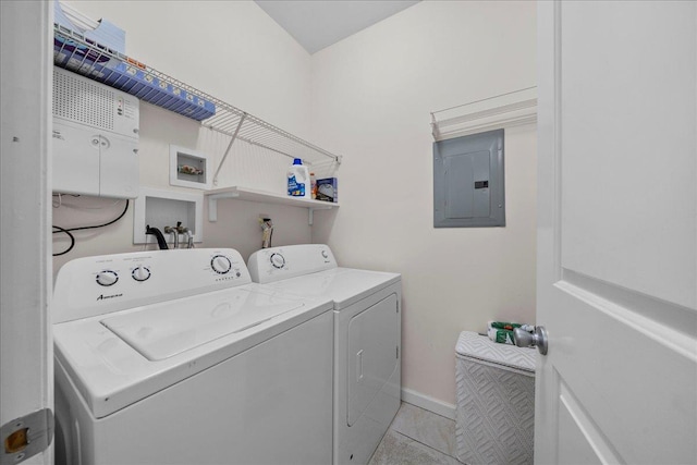 13 Nicole Ct, Copiague, NY 11726 - laundry area featuring electric panel, washer and clothes dryer, and light tile patterned flooring