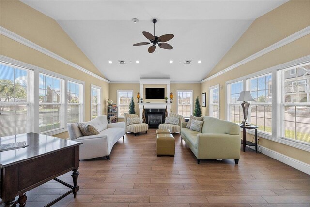 13 Nicole Ct, Copiague, NY 11726 - living room with ceiling fan, high vaulted ceiling, wood finished floors, a glass covered fireplace, and recessed lighting