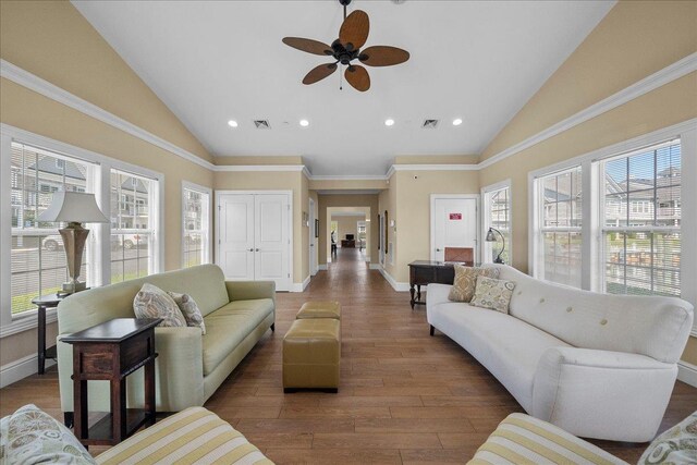 13 Nicole Ct, Copiague, NY 11726 - living room featuring a ceiling fan, high vaulted ceiling, wood finished floors, and recessed lighting
