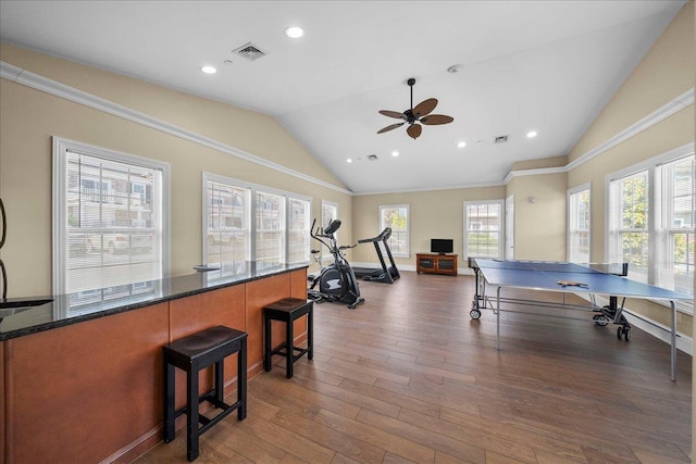 13 Nicole Ct, Copiague, NY 11726 - workout area featuring lofted ceiling, a ceiling fan, wood finished floors, recessed lighting, and ornamental molding