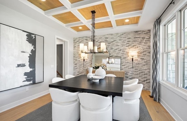 22 Sienna Ct, Dix Hills, NY 11746 - dining space featuring coffered ceiling, a chandelier, light wood-style flooring, and beam ceiling