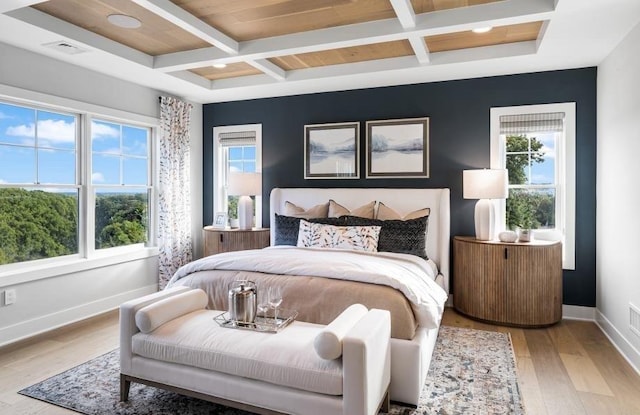 22 Sienna Ct, Dix Hills, NY 11746 - bedroom featuring coffered ceiling, light wood-style flooring, and beamed ceiling