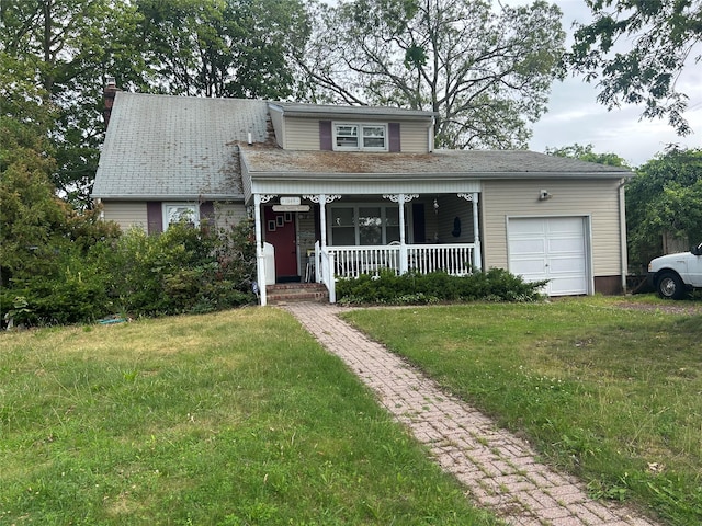 1569 11th St, West Babylon, NY 11704 - view of front of property with covered porch, an attached garage, a front lawn, and a chimney