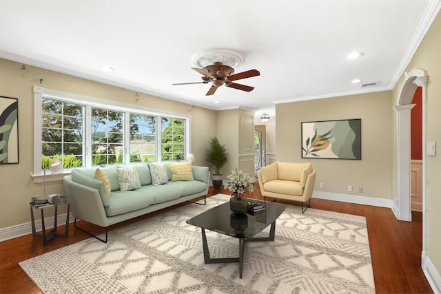 2 Ann Pl, Valhalla, NY 10595 - living area featuring ceiling fan, wood finished floors, recessed lighting, arched walkways, and crown molding
