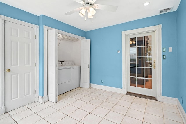 2 Ann Pl, Valhalla, NY 10595 - washroom featuring washing machine and clothes dryer, a ceiling fan, recessed lighting, and light tile patterned floors