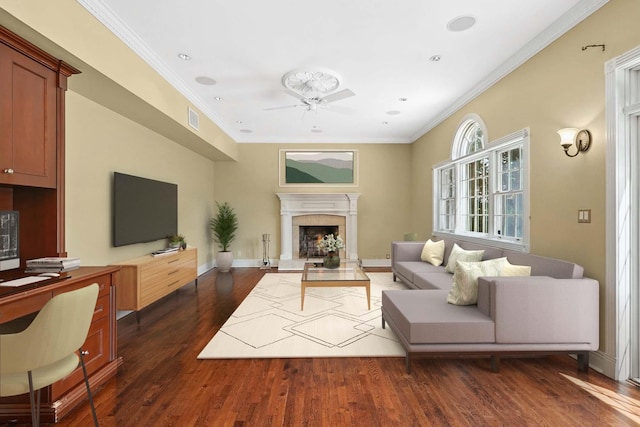 2 Ann Pl, Valhalla, NY 10595 - living area featuring ceiling fan, dark wood-style flooring, crown molding, and a premium fireplace